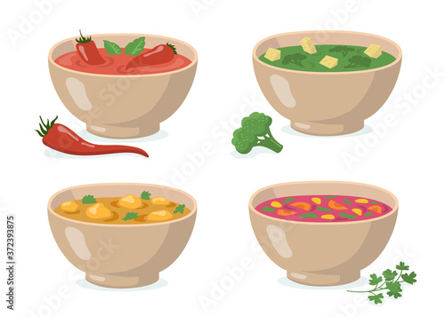Bowls of soups set. Tomato gazpacho with red hot pepper, broccoli green puree, curry with mushrooms, traditional borscht. For cooking vegetables, cream soup, eating, healthy food concept