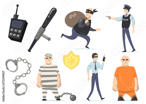 Criminals and police officers set. Burglar with money, prisoners in orange or striped uniforms, jail security, policeman with gun. Isolated vector illustrations for crime and justice concept