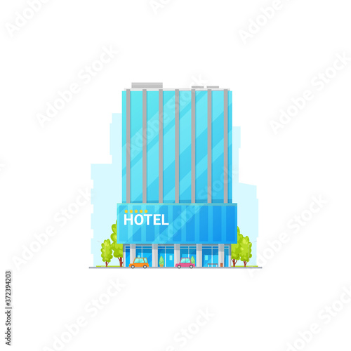 Five star hotel isolated exterior building. Vector multi-storey guesthouse or hostel with trees and cars