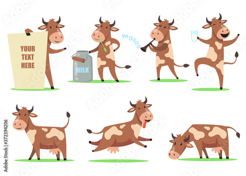 Funny cartoon cow set. Cute smiling animal character in different action, happy cow dancing with glass of milk, chewing grass, having fun. For farm animal, dairy, humor concept