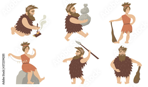 Promotive cave people set. Ancient man and woman controlling fire, carrying stones, hunting with spears and cudgel. For primitive people, anthropology, prehistoric period concept