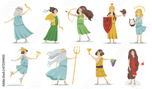 Olympian gods and goddesses. Poseidon, Venus, Hermes, Athena, Cupid, Zeus, Apollo, Dionysus. For Greek mythology, ancient Greece culture concept. Isolated vector illustrations set.