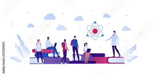 Back to school education and science concept. Vector flat person illustration. Group of multiethnic student with professor in lab coat. Laptop, atom, book. Design for banner, poster, web, infographic.