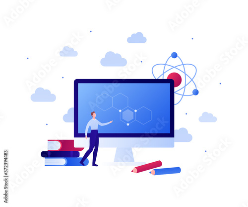 Back to school, online education and science concept. Vector flat person illustration. Male character standing at computer screen. Book, pencil and atom symbol. Design for banner, web, infographic.