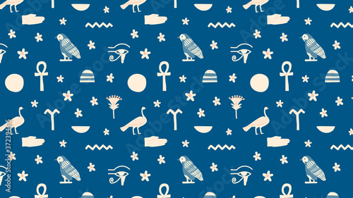 Ancient Egypt motif, blue seamless pattern