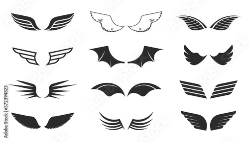 Monochrome wings set. Flying symbols, black shapes, pilot insignia, aviation patch. Vector illustrations collection isolated on white background