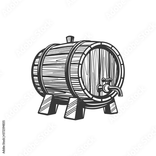 Barrel with tap, wine or beer drinks keg isolated monochrome icon. Vector tank with winery products, retro container on wood stand, oak cask. Barrel with tap or faucet, alcohol drinks keg