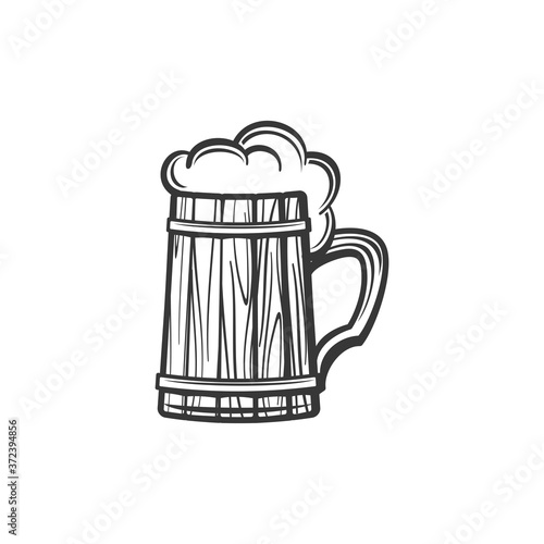 Wooden mug of beer isolated alcohol drink monochrome sketch. Vector Oktoberfest holiday symbol, cider beverage with foam. Light or dark ale in lager, wooden glass with handle, brewery product