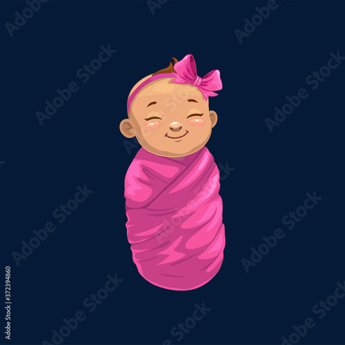 Newborn girl in pink wrap isolated baby shower symbol. Vector sleeping child with bow on head, infant swaddled in violet wrap, caucasian child. Young human child wrapped in blanket, innocent face