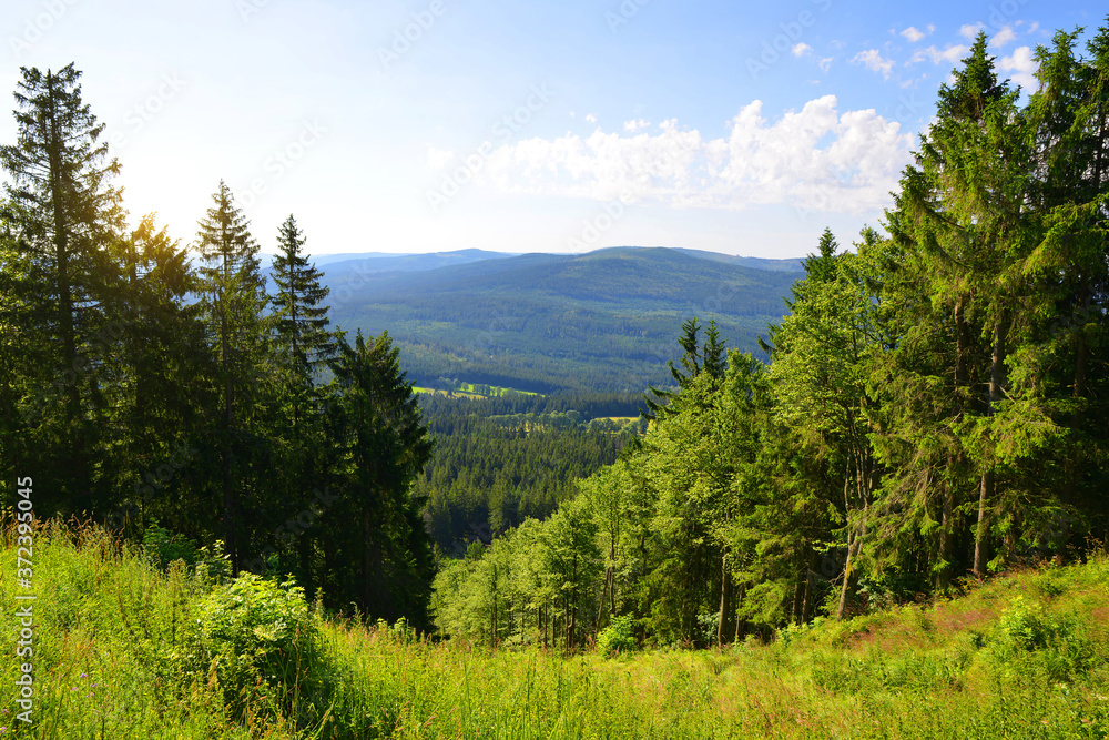 Summer landscape in National Park Sumava. Viewpoint under the top of Pancir mountain. Czech republic.