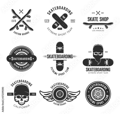 Vintage skateboarding tattoo flat emblems set. Black monochrome labels or signs with skateboard and skull vector illustration collection. Summer, extreme sport and lifestyle concept