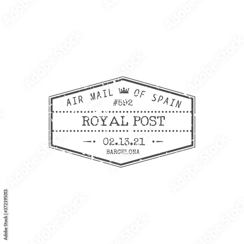 Air mail of Spain, royal post isolated Barcelona stamp. Vector airmail delivery grunge icon, spanish postmark. Postal correspondence transportation, rubber ink of parcels control, vintage seal