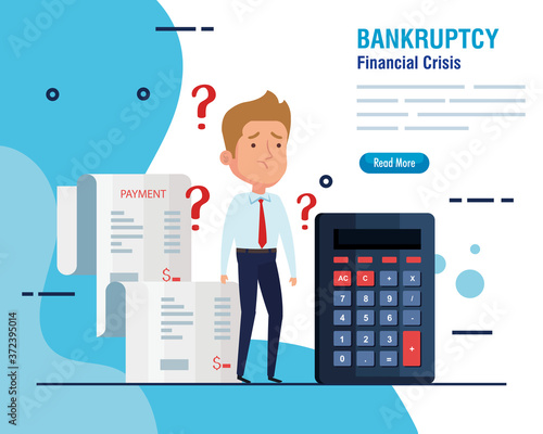 banner bankruptcy financial crisis, worried businessman with business icons vector illustration design