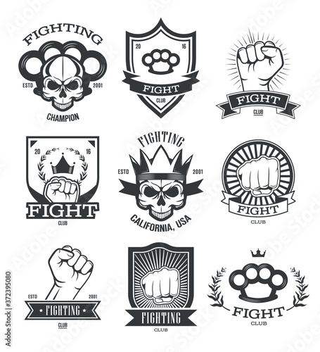 Gangsta tattoo flat emblems set. Street gang member and gangster patches with skull, gun, fist or knuckle-duster isolated vector illustration collection. Fighting club and power concept
