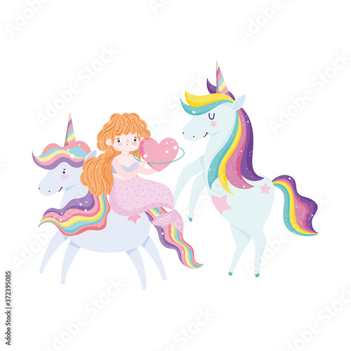 cute mermaid with heart and adorable unicorns fantasy cartoon