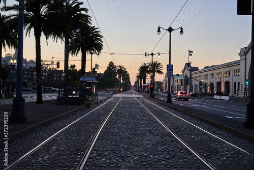 Scenic View of San Francisco Cable Car Train Track Street View Near Pier 39 at Sunset 