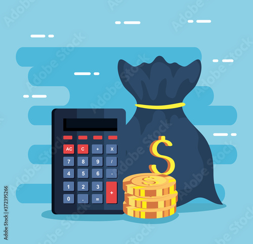 business icons, calculator math with money bag and coins vector illustration design