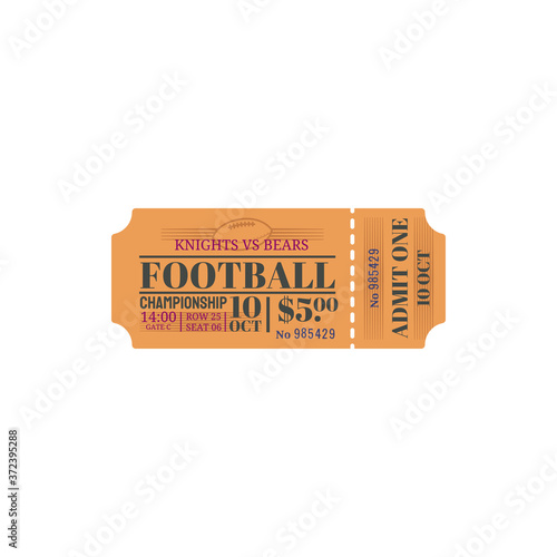 American football ticket isolated vector icon. Knits vs Bears soccer game, football team match on city arena, retro vintage paper or carton template with perforated line