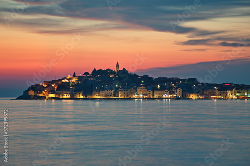 Cityscape of Primosten in Adriatic sea during blue hour