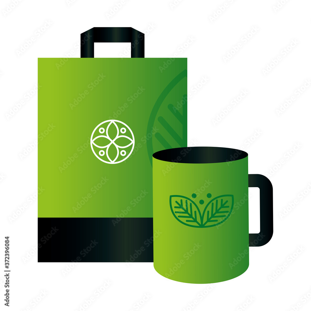 mockup mug and paper bag with sign of green company, corporate identity vector illustration design mockup mug and paper bag with sign of green company, corporate identity vector illustration design