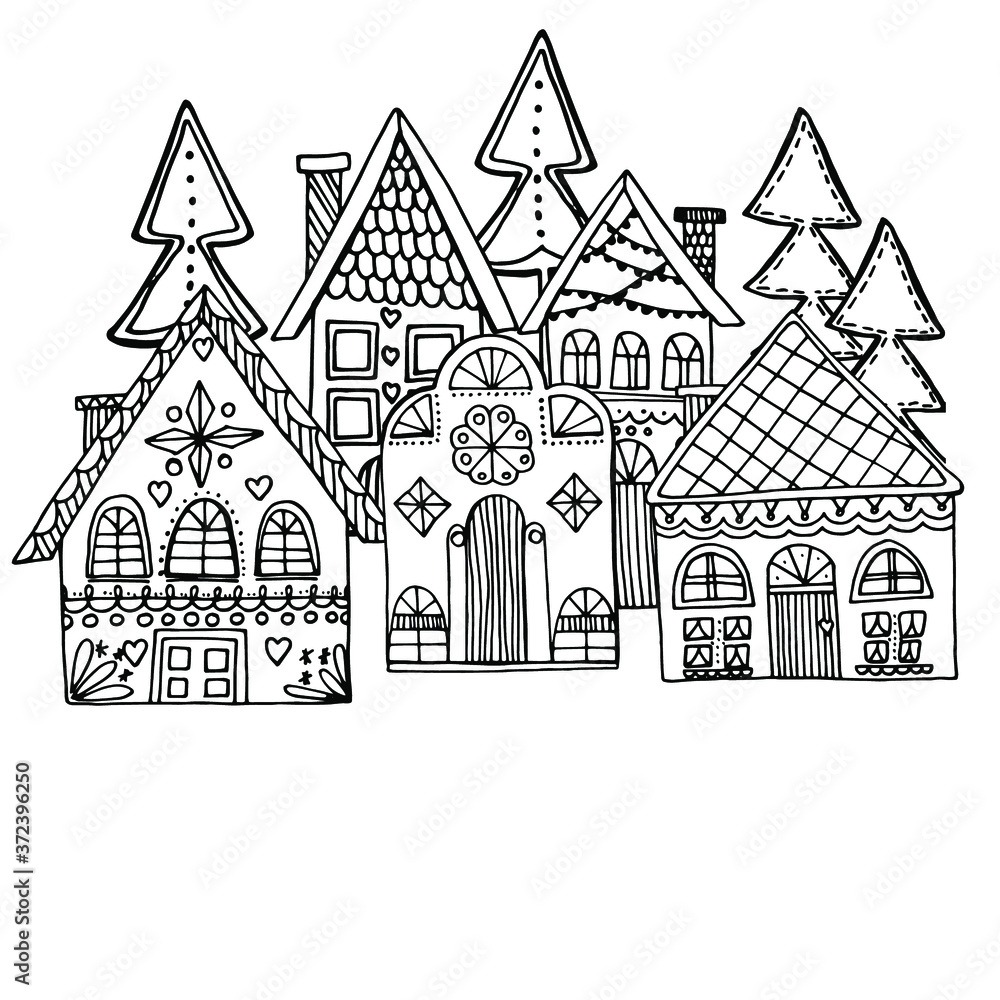 Print shop with New Year's houses, Christmas trees with a garland, lights, New Year's house in the forest. Festive mood, Christmas. For textiles, packaging, coloring for children and adults. Isolated 