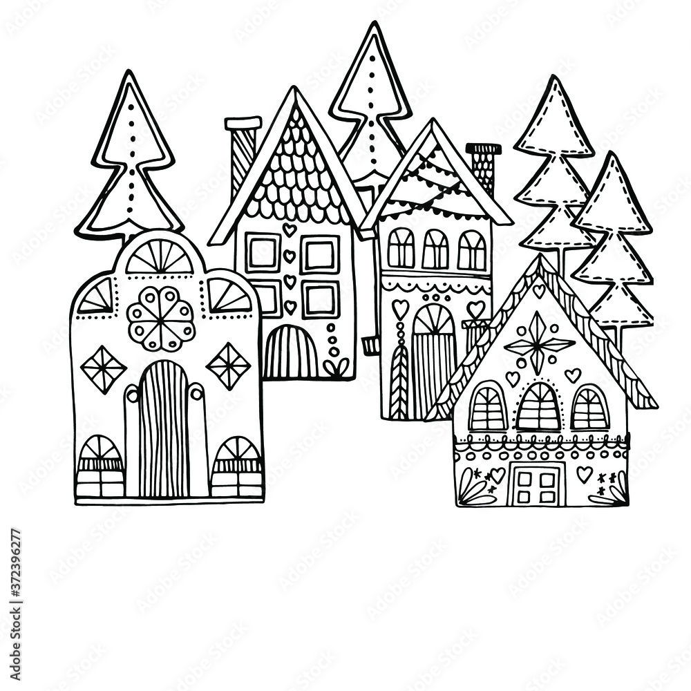 Prinshot with New Year's houses, Christmas trees with a garland, lights, New Year's house in the forest. Festive mood, Christmas. For textiles, packaging, coloring for children and adults. Isolated 