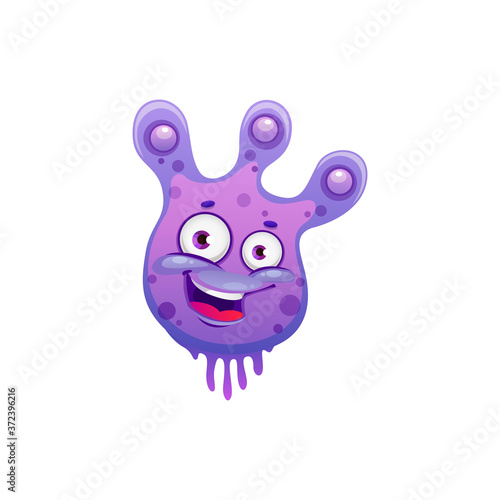 Bacterial funny pathogen, purple smiling monster isolated cartoon character. Vector microbiological coronavirus, biological monster happy emoticon. Microbe organism bacteria microorganism with eyes