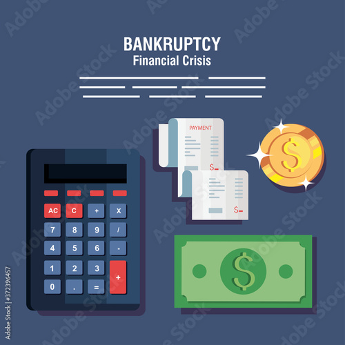 banner bankruptcy financial crisis, calculator and business icons vector illustration design