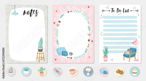 Set of planners and to do list with cute  illustrations. Template for agenda, planners, check lists, notebooks, cards, stickers, and other stationery. Vector background
