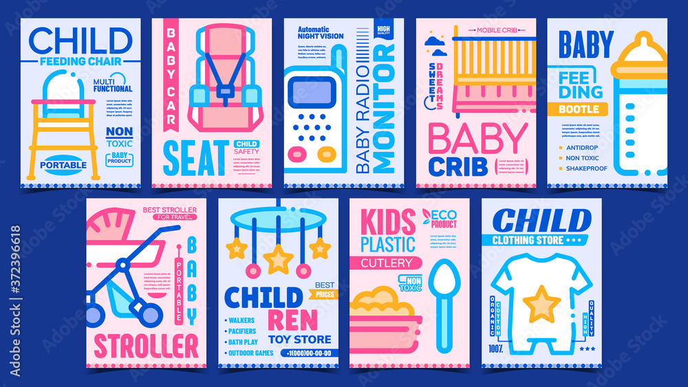 Fototapeta premium Baby Accessories Advertising Posters Set Vector. Child Feeding Chair And Bottle, Baby Car Seat And Stroller, Children Toy Store And Clothing Shop Banners. Concept Template Style Color Illustrations