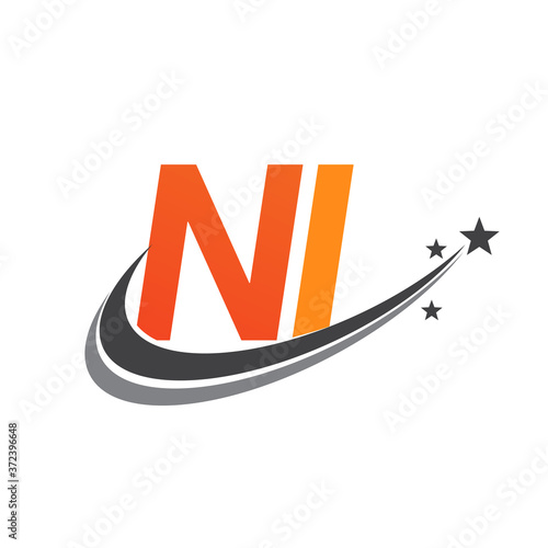 initial letter NI logotype company name colored orange and grey swoosh star design. vector logo for business and company identity.