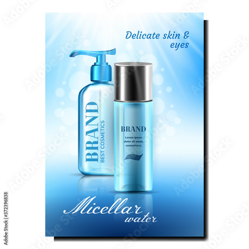 Micellar Water Bottles Promotional Poster Vector. Micellar Water Blank Container With Pump Cosmetic Product For Make-up On Advertising Marketing Banner. Color Concept Layout Realistic 3d Illustration