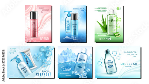 Micellar Water Bottles Promo Banners Set Vector. Micellar Water Blank Containers For Make-up With Natural Aloe Vera And Molecules Collection Advertising Posters. Layout Realistic 3d Illustrations