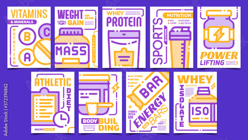 Sport Nutrition Advertising Posters Set Vector. Energy Bar And Bcaa, Whey Protein And Isolate, Vitamins And Minerals, Collection Promo Banners. Concept Template Style Color Illustrations