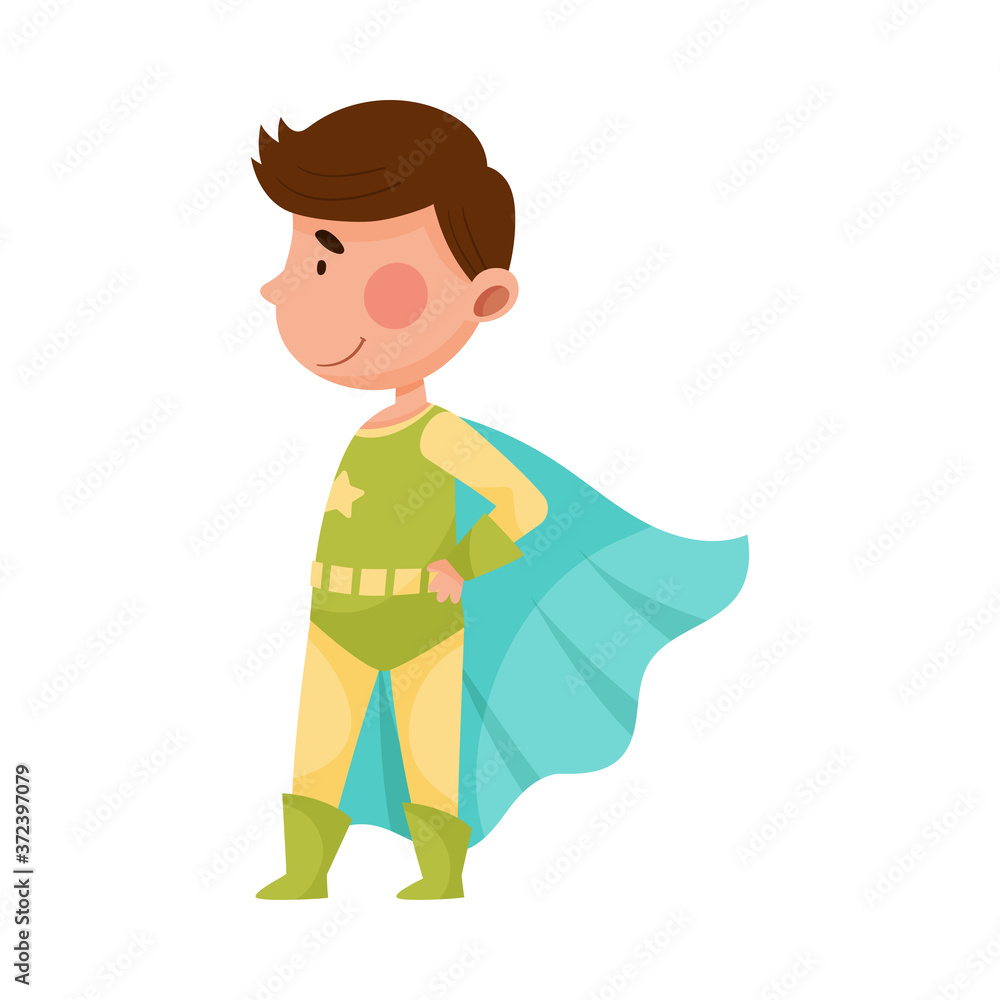 Cute Boy Wearing Superhero Costume Pretending to Have Super Power Vector Illustration Cute Boy Wearing Superhero Costume Pretending to Have Super Power Vector Illustration