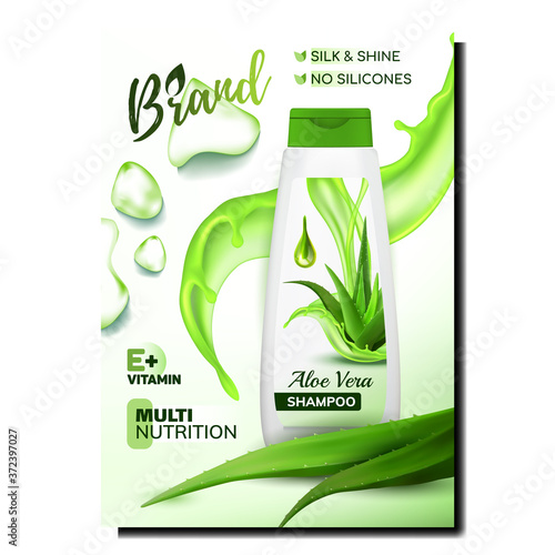 Aloe Vera Shampoo Creative Promo Banner Vector. Cosmetic Blank Bottle With Aloe Plant, Drop And Splash On Advertising Marketing Poster. Color Concept Template Realistic 3d Illustration