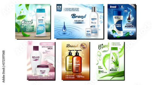 Shampoo And Conditioner Promo Posters Set Vector. Anti-dandruff And Sulfate-free, With Aloe Vera And Coconut Milk Shampoo Packages Collection Banners. Color Concept Layout Realistic 3d Illustrations