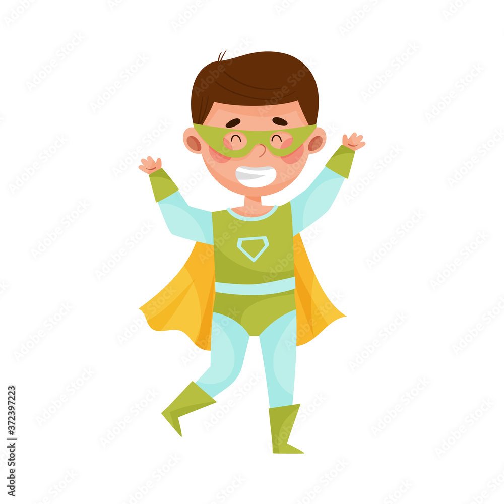 Cute Boy with Dark Hair Wearing Superhero Costume and Waving Hand Vector Illustration