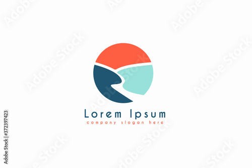 Winding River road with Sun logo design. Vector nature Company Logo element design