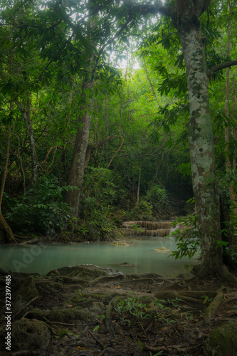 Fototapeta Naklejka Na Ścianę i Meble -  In the Thailand Jungles of Kanchanaburi is the Fairytale Realm know as Erawan