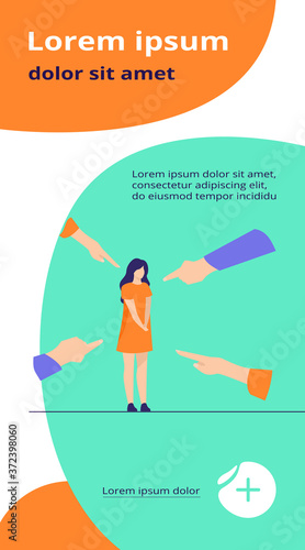 Depressed sad woman standing as victim flat vector illustration. Surrounded girl and fingers pointing at her. Conviction, indictment and social denunciation concept.