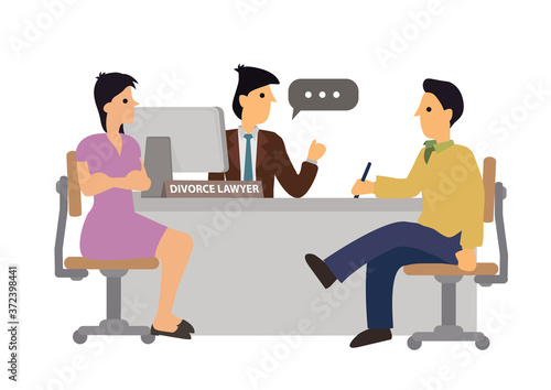 Couple went to a lawyer for a divorce. Lawyer advises couple while man sign document.