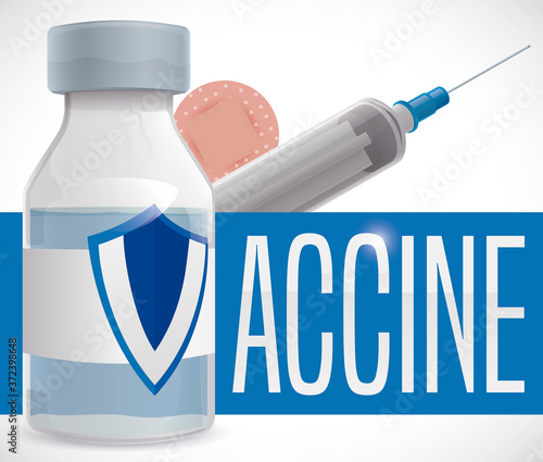 Vaccination Kit: Syringe, Round Plaster and Vaccine Vial with Shield, Vector Illustration
