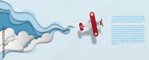 Group of white clouds sky in abstract pattern with propeller plane flying and example texts on blue paper pattern background. Web banner in paper cut style and vector design.