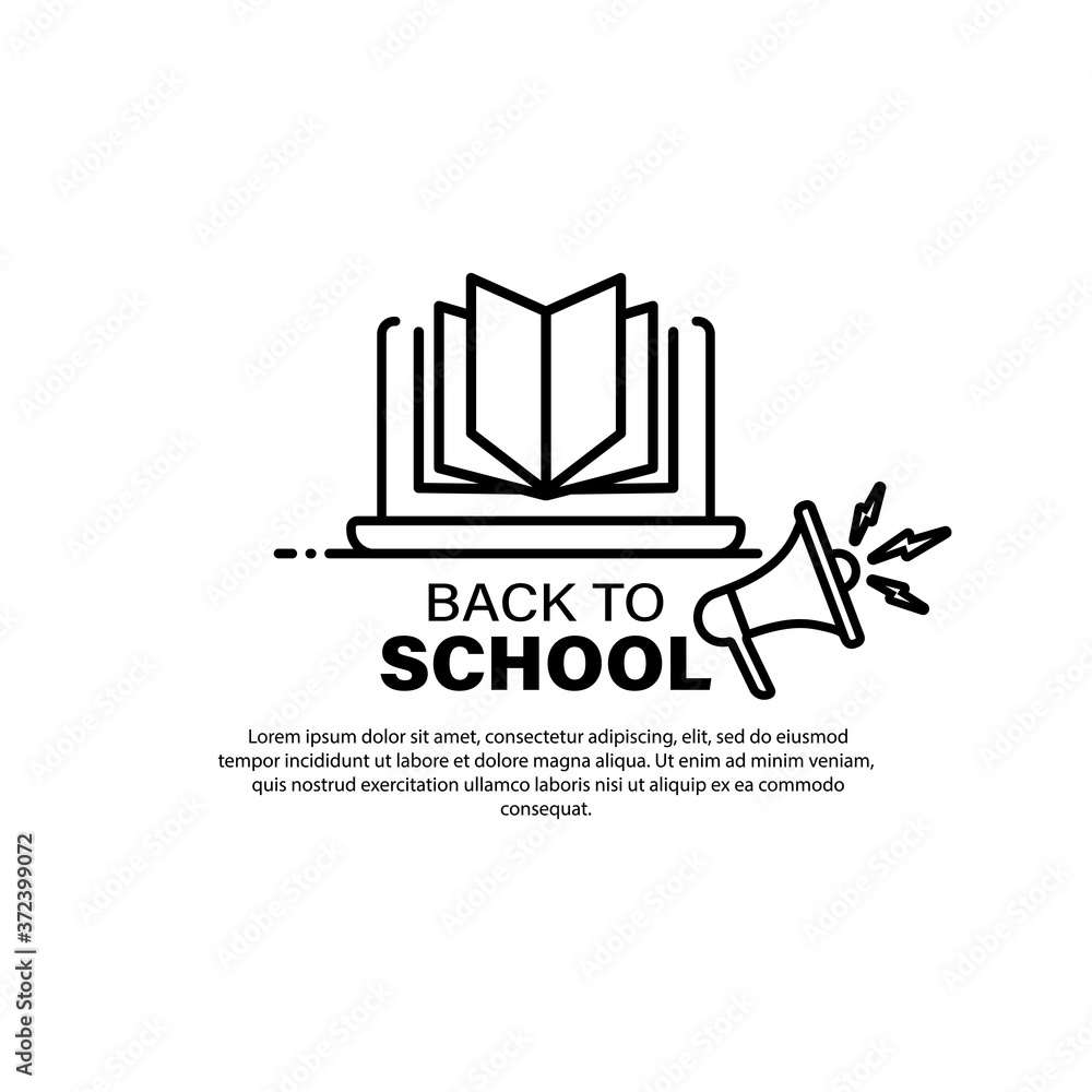 Back to school banner with laptop book and megaphone. Vector on isolated white background. EPS 10