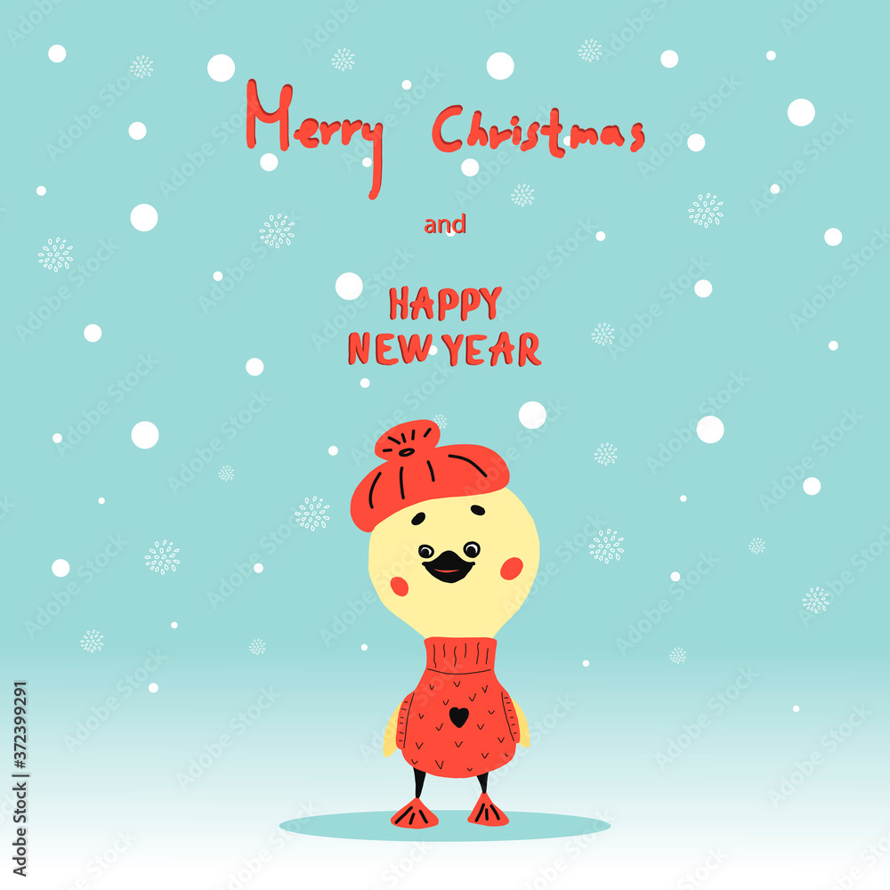 Christmas card with cute funny duck on red sweater on the background of snowflakes. hand-drawn vector illustration in cartoon style. greeting card-happy new year 2021 and Christmas holidays. Christmas card with cute funny duck on red sweater on the background of snowflakes. hand-drawn vector illustration in cartoon style. greeting card-happy new year 2021 and Christmas holidays.
