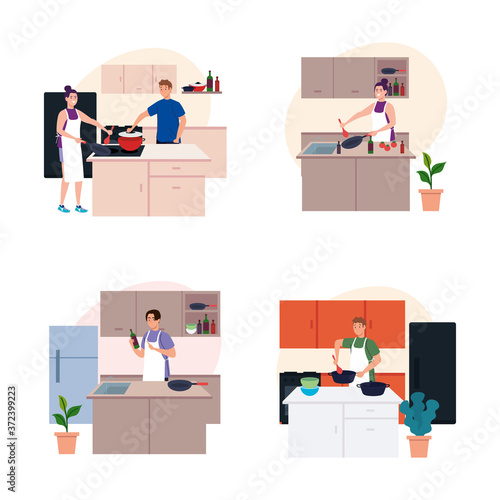 set scenes people cooking in the kitchen vector illustration design