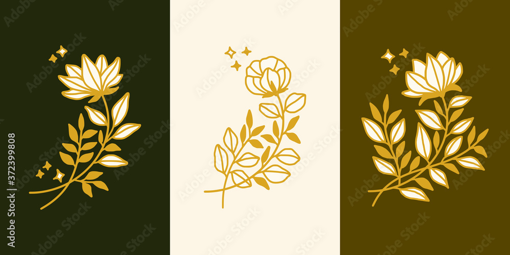 Vector feminine logo design template set in trendy linear minimal style. Peony, rose flowers and botanical leaf branch. Emblem, symbols and icons for cosmetics, jewellery, beauty and handmade products