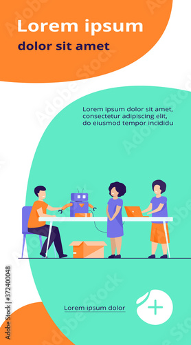 Children presenting cyborg at robotics class. Children showing robot to teacher. Vector illustration for education, robotic technology, school project concept