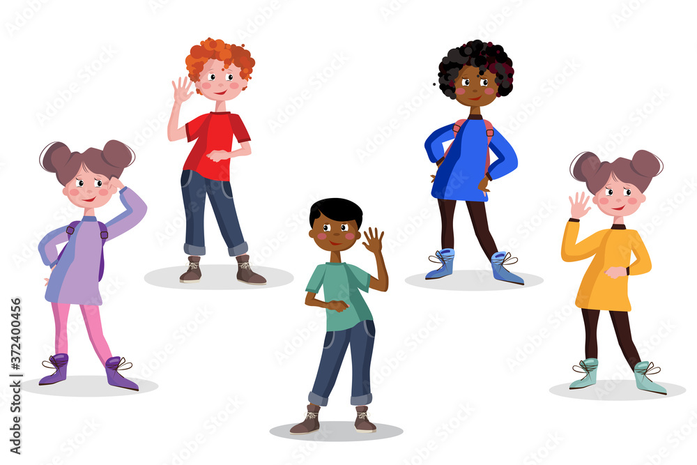 Boys and girls in full growth. Schoolchildren with backpacks set isolated vector illustration.